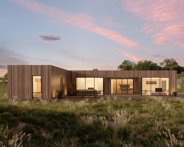 front view of pique's hillside harmorny 4 bedroom modular home during sunset