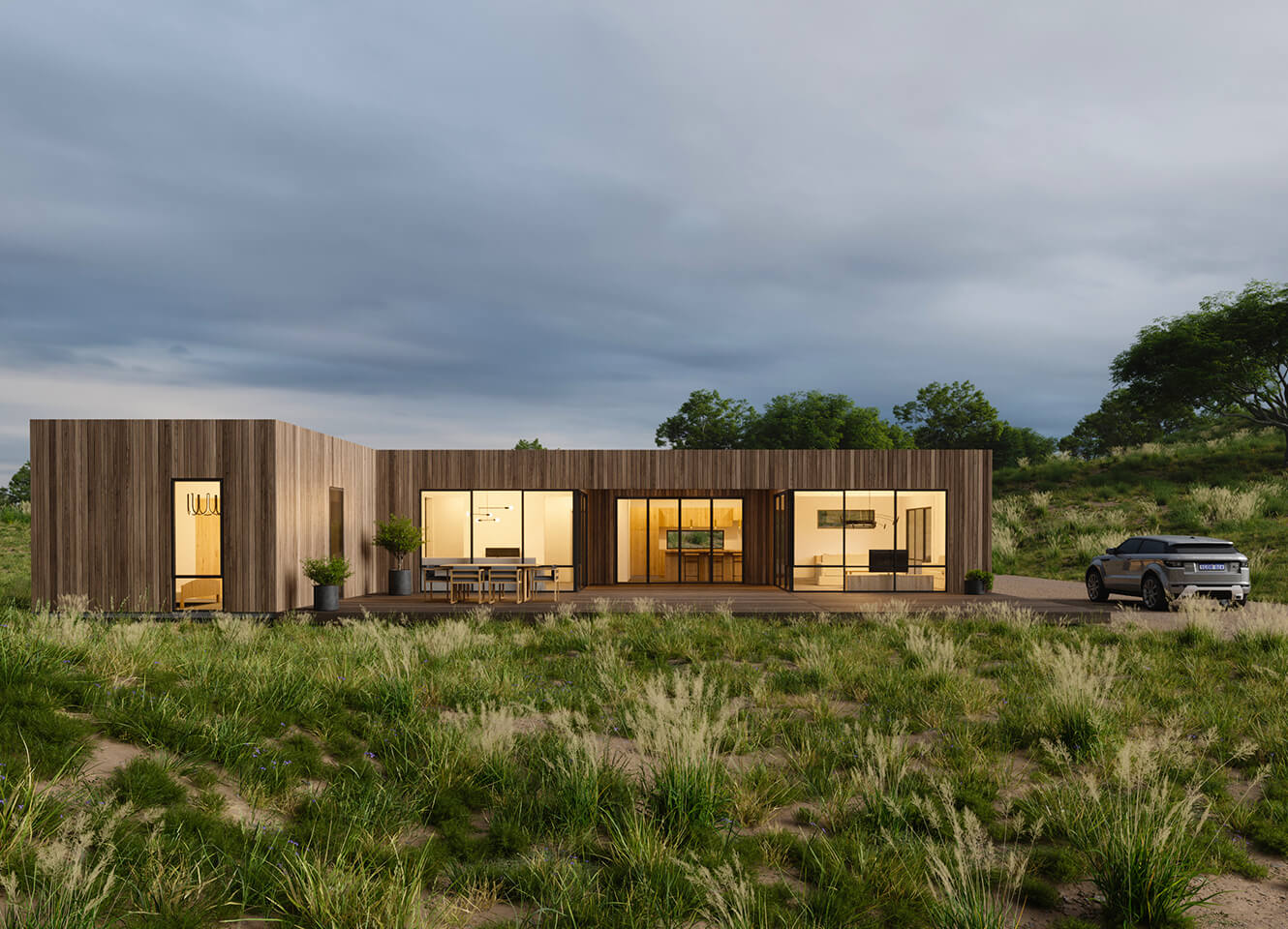 front view of pique's hillside harmorny 4 bedroom modular home on a cloudy day