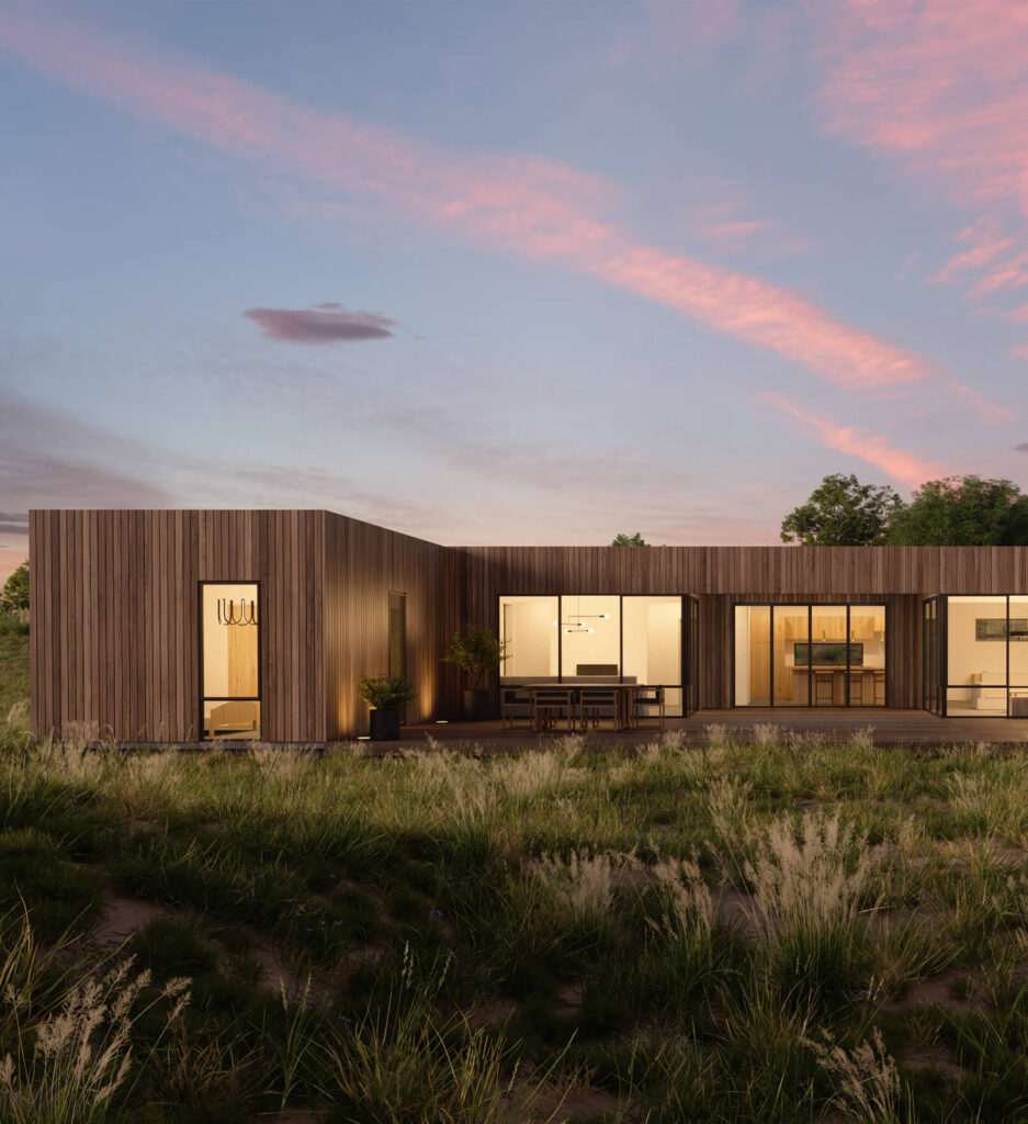 front view of pique's hillside harmorny 4 bedroom modular home during sunset