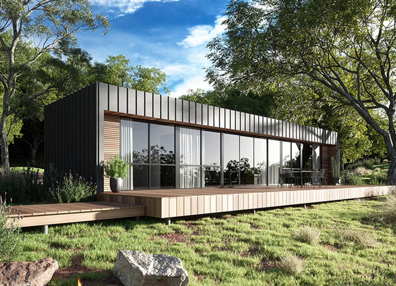 front view of PIQUE's 2 bedroom modular Berlin house design during the day