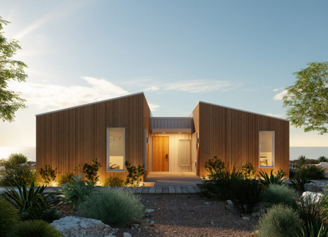 front view of pique's breeze 3 bedroom prefab homes design at dawn