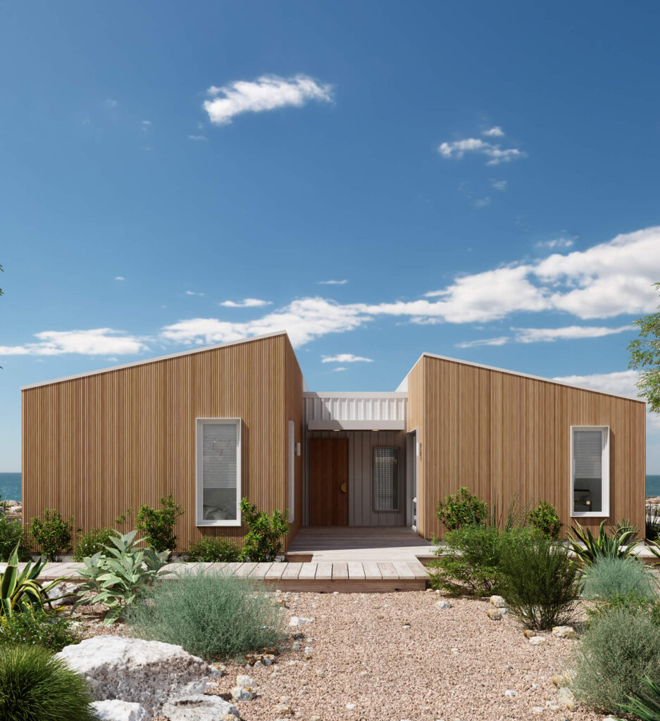 front view of pique's breeze 3 bedroom prefab homes design during the day