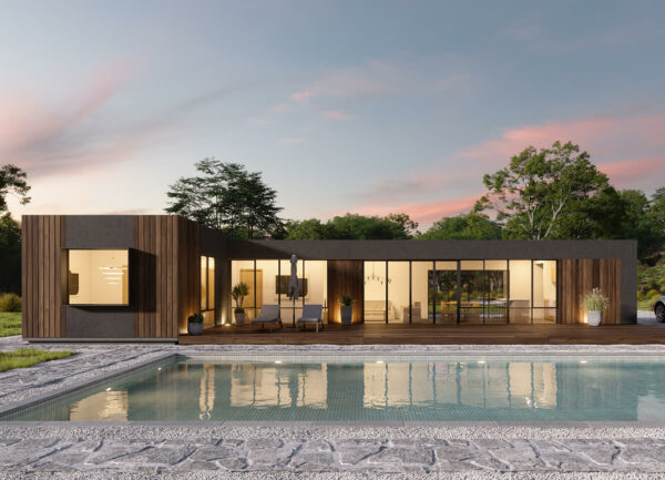 front view of pique's point piquet 3 bedroom modular home design at dusk