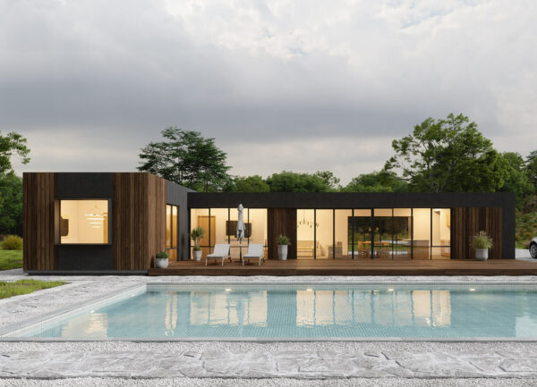 front view of pique's point piquet 3 bedroom modular home design during a cloudy day