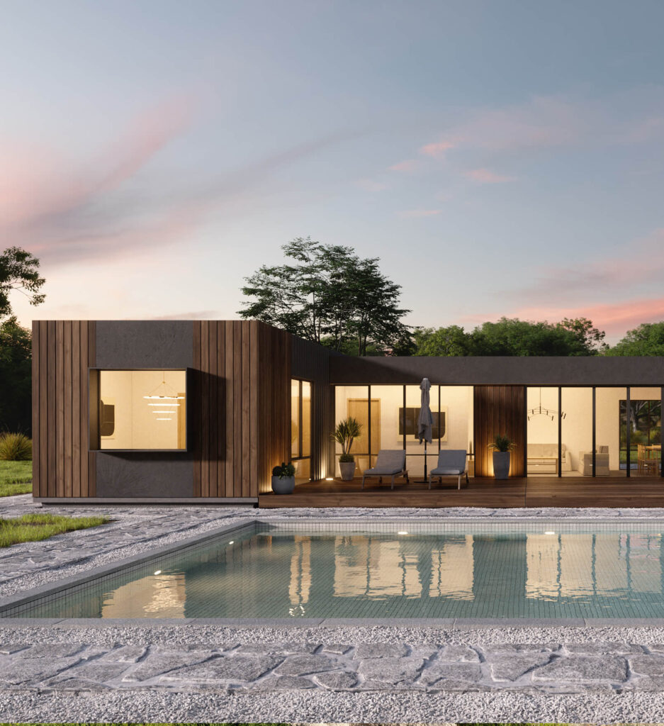 front view of pique's point piquet 3 bedroom modular home design at dusk