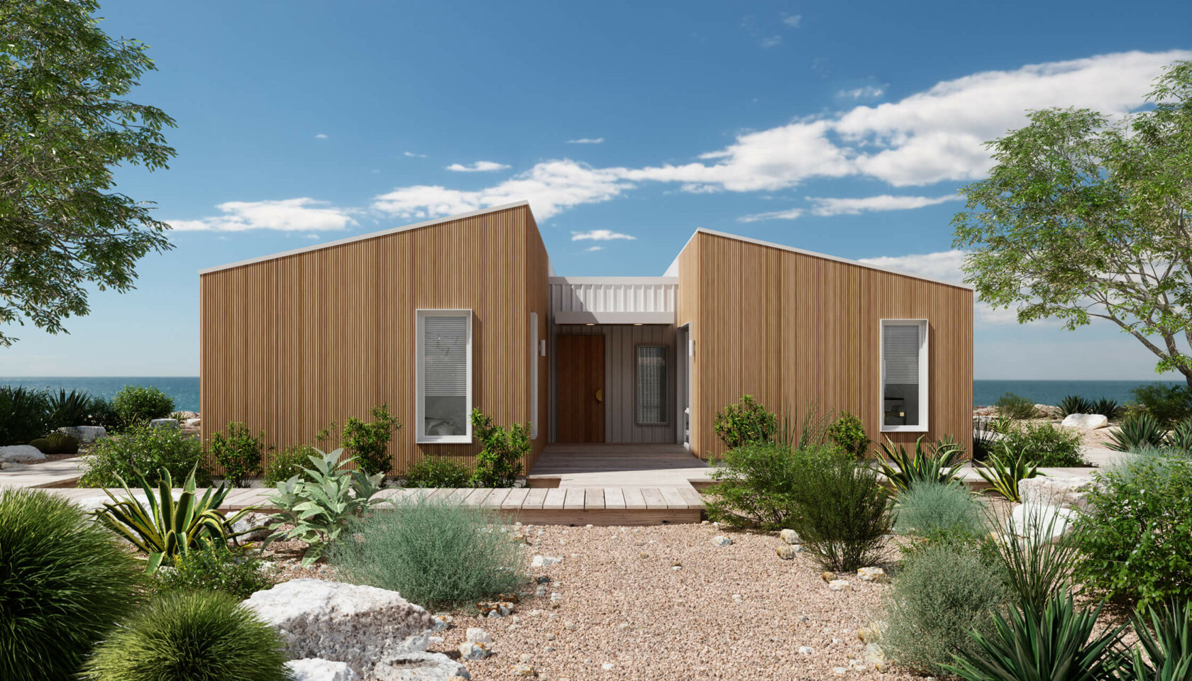 front view of pique's breeze 3 bedroom prefab homes design during the day