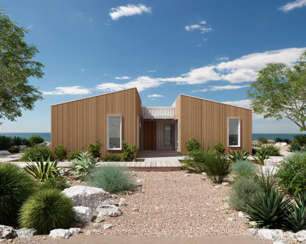 front view of pique's breeze 3 bedroom prefab homes design during the day