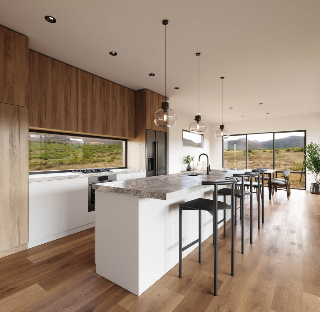 angle shot of pique's hillside harmony prefab home kitchen area