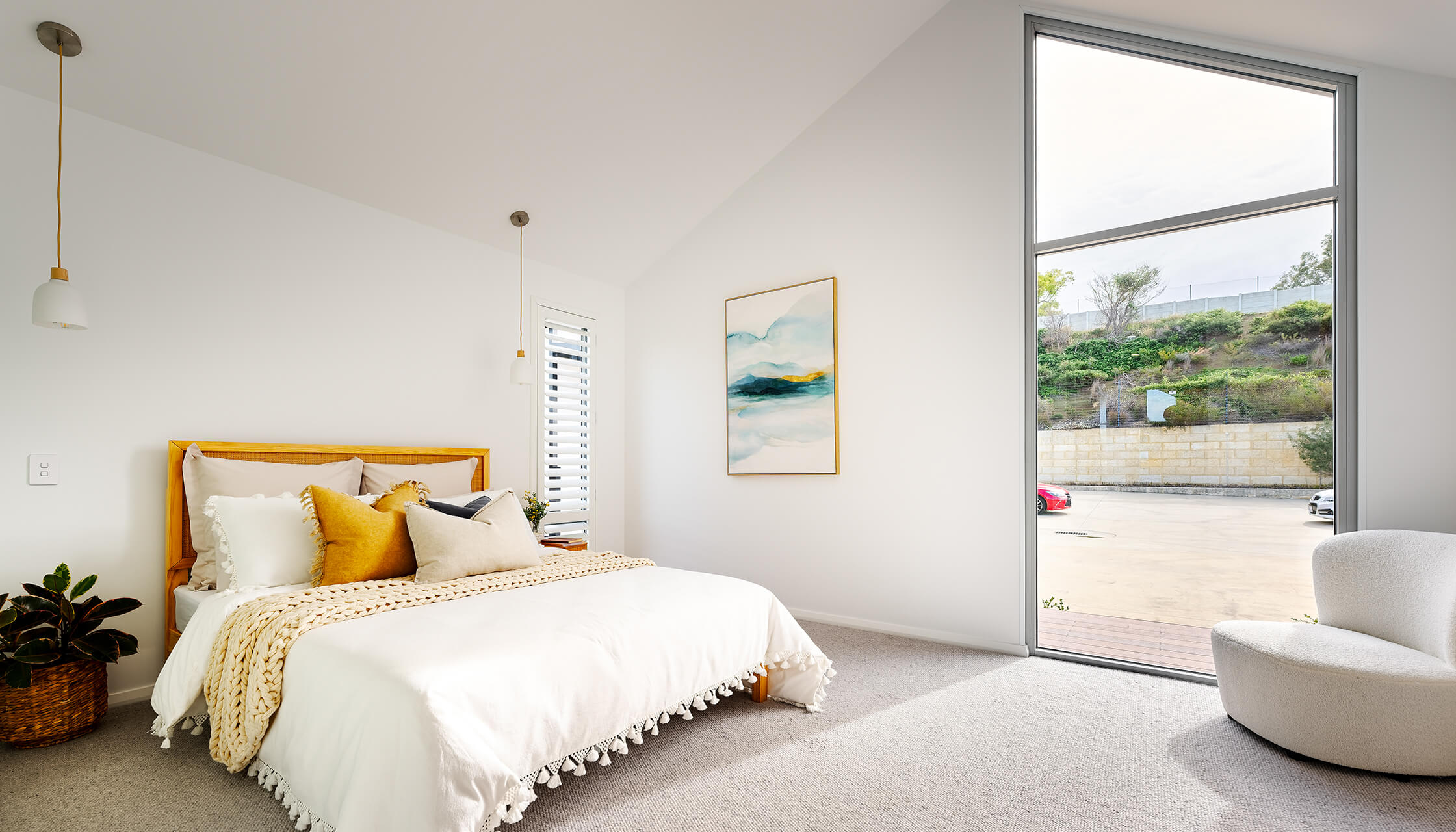 Bedroom inside the Perth modular home Shorehouse design by PIQUE