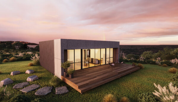 exterior shot of Vienna 2 bedroom modular home design during a sunset