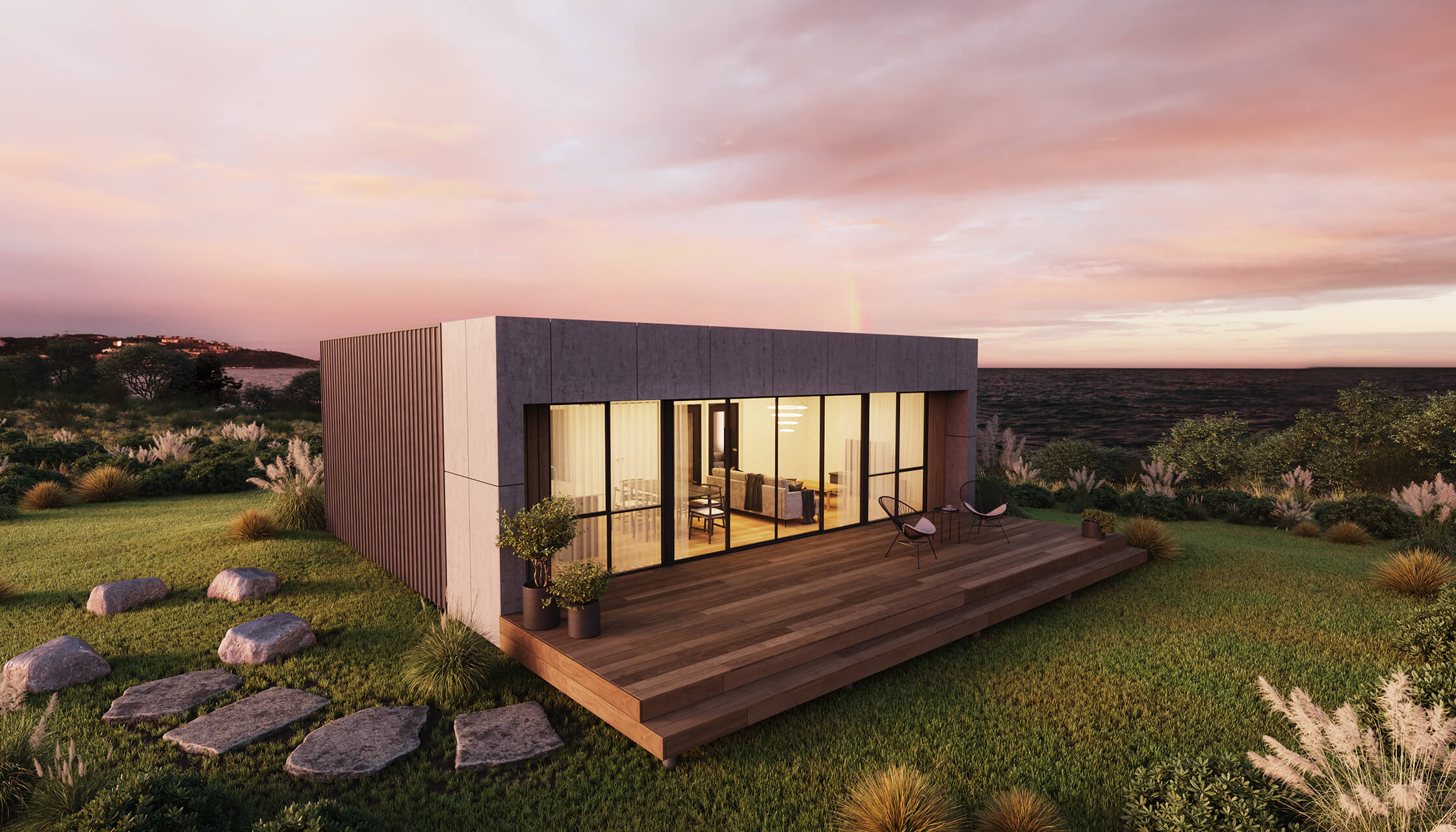 exterior shot of Vienna 2 bedroom modular home design during a sunset