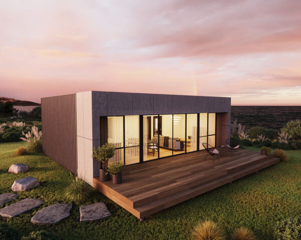 exterior shot of Vienna 2 bedroom modular home design during a sunset