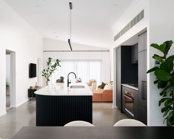 Kitchen area inside the 3 bedroom modular home Wildwood design by PIQUE